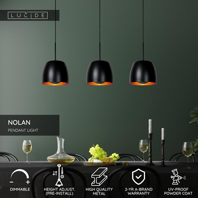 Lucide NOLAN - Pendant light - 3xE27 - Black